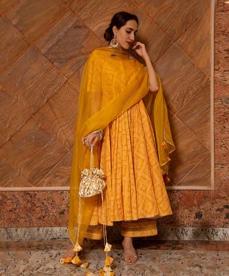 Bandhej Yellow Cotton Anarkali Set 2