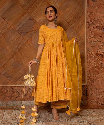 Bandhej Yellow Cotton Anarkali Set 3