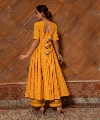 Bandhej Yellow Cotton Anarkali Set 4