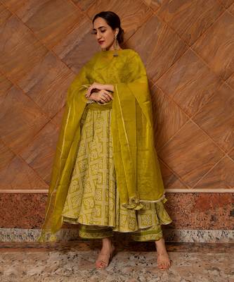 Bandhej Mehendi Green Anarkali Set 1