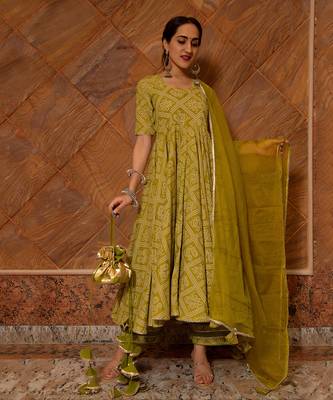 Bandhej Mehendi Green Anarkali Set 2