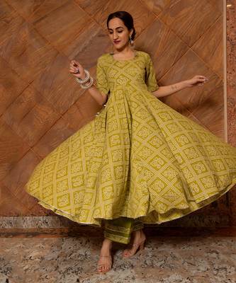 Bandhej Mehendi Green Anarkali Set 4