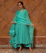 Bandhej Tiffany Blue Cotton Anarkali Set