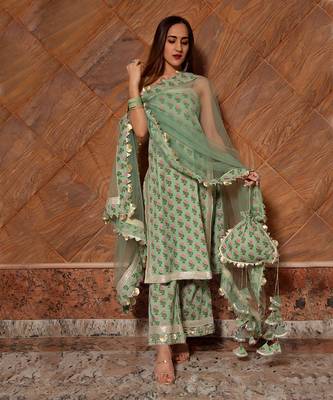 Mishika Green Block Printed Kurta Set 1