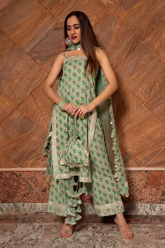 Mishika Green Block Printed Kurta Set
