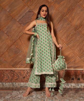Mishika Green Block Printed Kurta Set 3