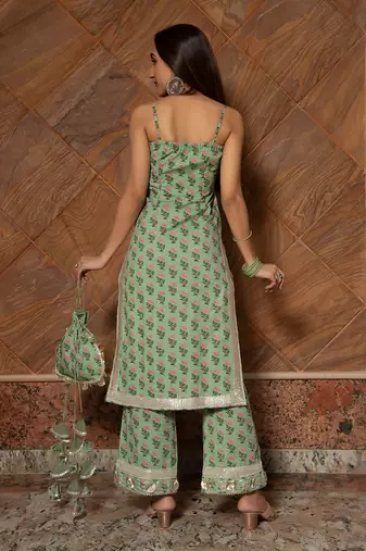 Mishika Green Block Printed Kurta Set