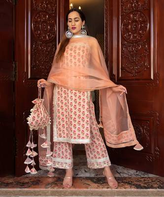 Ojasvi Peach Block Printed Kurta Set 1