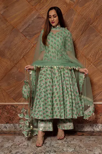 Green Paisely Block Printed Anarkali Set
