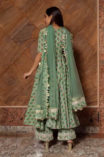 Green Paisely Block Printed Anarkali Set