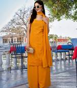 Trendmalls Yellow Georgette Embroidered Work Sleeveless Party Wear Kurta Pant with Dupatta Salwar Suit Set