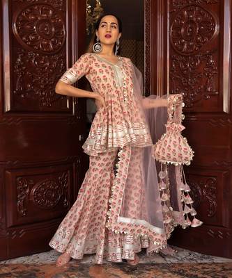 Peach Block Printed Sharara Set 1