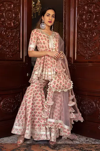 Peach Block Printed Sharara Set