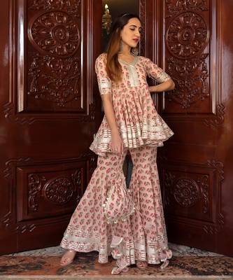 Peach Block Printed Sharara Set 3