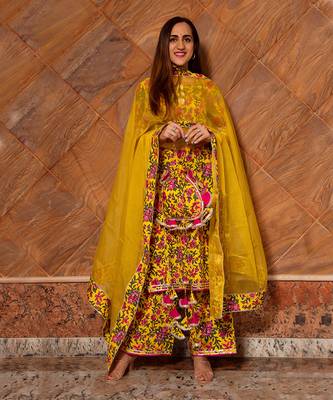 Yellow Cotton Floral Print Designer Kurti Set with Palazzo 1
