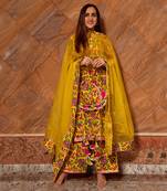 Yellow Cotton Floral Print Designer Kurti Set with Palazzo