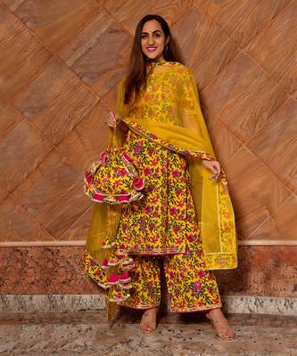 Yellow Cotton Floral Print Designer Kurti Set with Palazzo 2