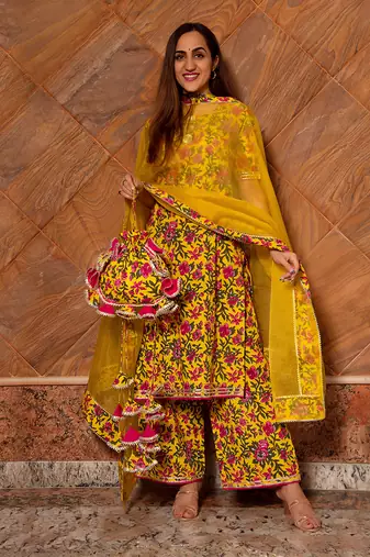 Yellow Cotton Floral Print Designer Kurti Set with Palazzo