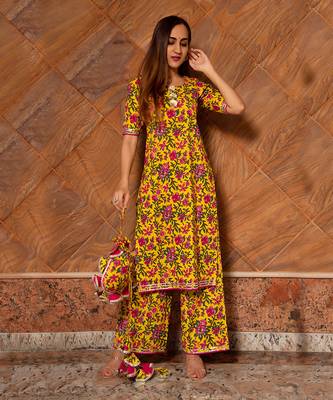 Yellow Cotton Floral Print Designer Kurti Set with Palazzo 3