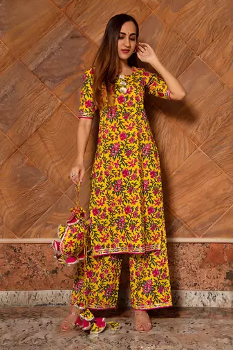 Yellow Cotton Floral Print Designer Kurti Set with Palazzo