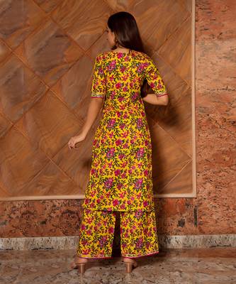 Yellow Cotton Floral Print Designer Kurti Set with Palazzo 4