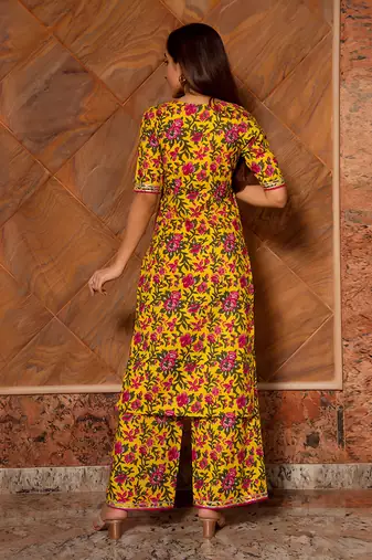 Yellow Cotton Floral Print Designer Kurti Set with Palazzo