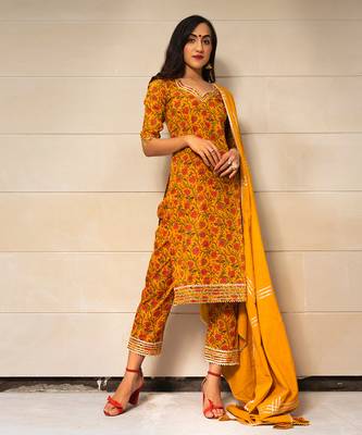 Mustard Yellow Block Printed Kurta Set 1