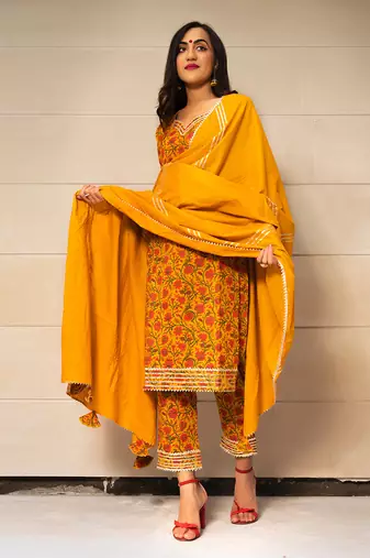 Mustard Yellow Block Printed Kurta Set