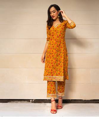 Mustard Yellow Block Printed Kurta Set 3