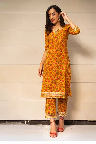 Mustard Yellow Block Printed Kurta Set