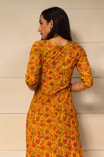 Mustard Yellow Block Printed Kurta Set