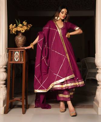Burgundy Cotton Anarkali Set 1