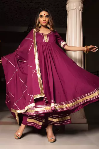 Burgundy Cotton Anarkali Set