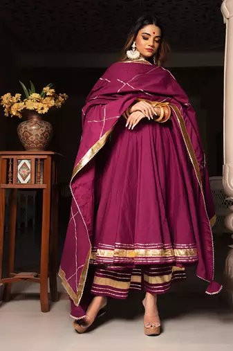 Burgundy Cotton Anarkali Set