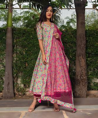 Tea Green Block Printed Anarkali Set 1