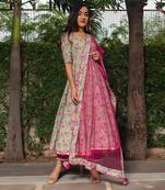 Tea Green Block Printed Anarkali Set