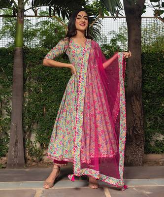 Tea Green Block Printed Anarkali Set 2