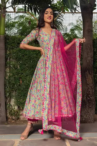 Tea Green Block Printed Anarkali Set