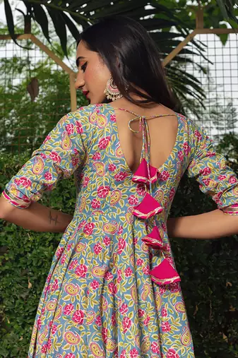 Tea Green Block Printed Anarkali Set