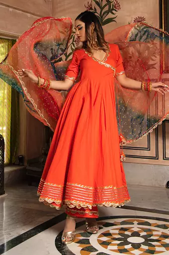 Orange Bandhani Angrakha Set