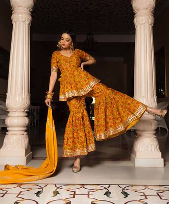 Darpan Mustard Block Printed Sharara Set 2