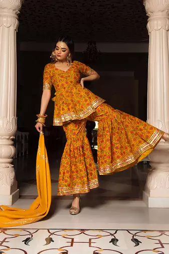 Darpan Mustard Block Printed Sharara Set