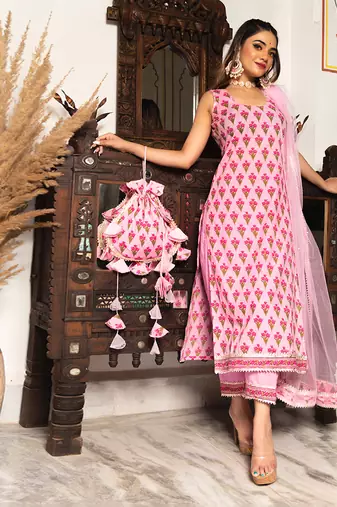 Gulbahar Pink Block Printed Kurta Set
