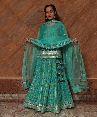Turquoise Cotton Floral Printed Skirt Set 1