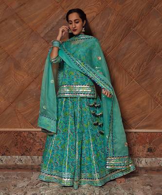 Turquoise Cotton Floral Printed Skirt Set 2