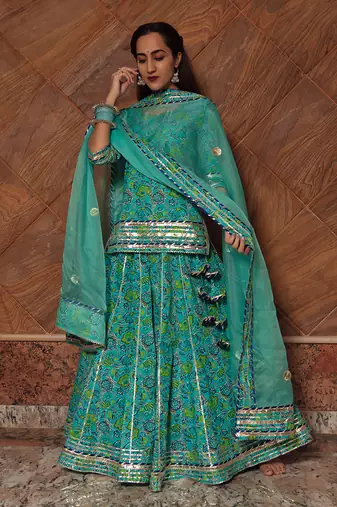 Turquoise Cotton Floral Printed Skirt Set