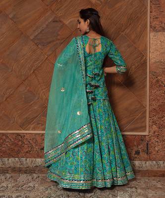 Turquoise Cotton Floral Printed Skirt Set 3