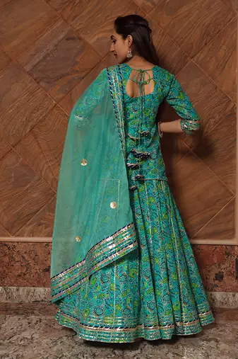Turquoise Cotton Floral Printed Skirt Set