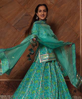 Turquoise Cotton Floral Printed Skirt Set 4