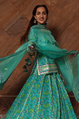 Turquoise Cotton Floral Printed Skirt Set